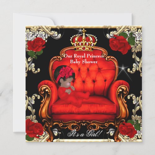 Princess Baby Shower Girl Gold Red Rose Chair 3 Invitation