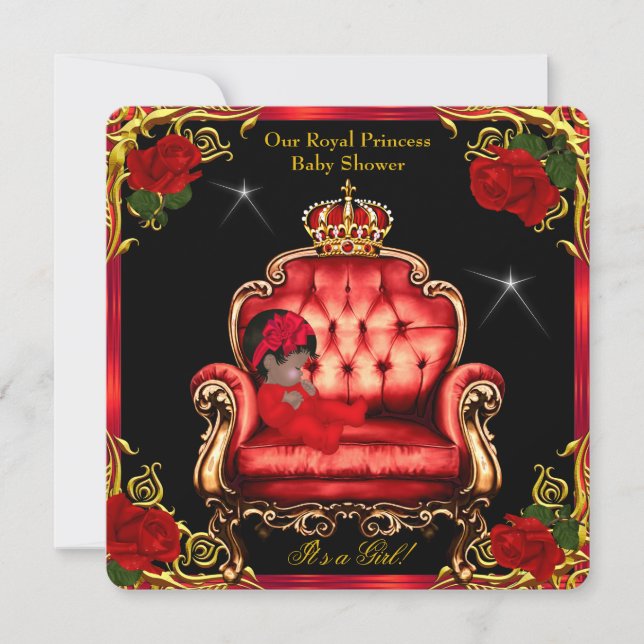 Princess Baby Shower Girl Gold Red Rose Chair 4 Invitation (Front)
