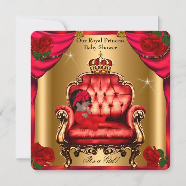 Princess Baby Shower Girl Gold Red Rose Chair 5 Invitation (Front)