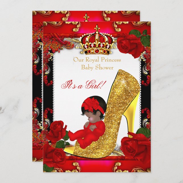 Princess Baby Shower Girl Gold Red Rose Ethnic Invitation (Front/Back)