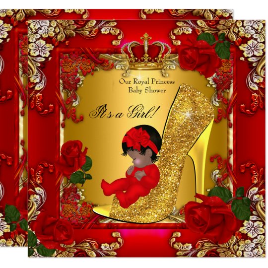 Princess Baby Shower Girl Gold Red Rose Hi Heel Invitation