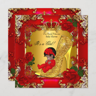Princess Baby Shower Girl Gold Red Rose Hi Heel Invitation