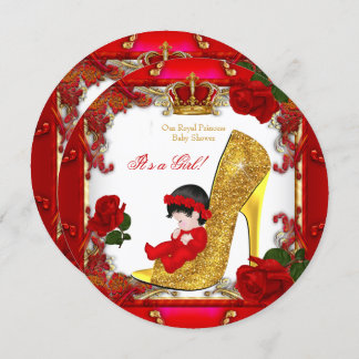 Princess Baby Shower Girl Gold Red Rose Hi Heel R3 Invitation