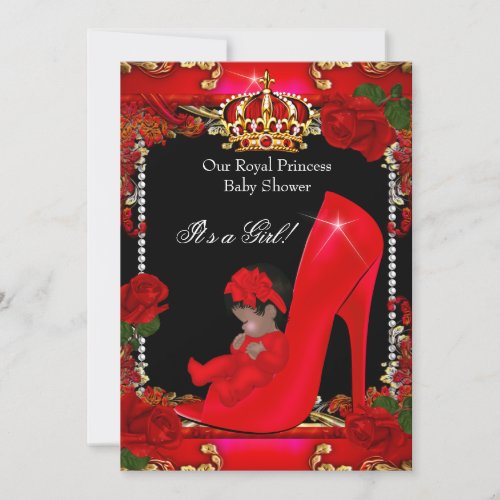 Princess Baby Shower Girl Gold Red Rose Shoe 2 Invitation