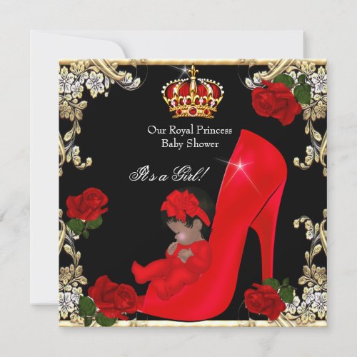 Princess Baby Shower Girl Gold Red Rose Shoe 3 Invitation