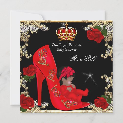 Princess Baby Shower Girl Gold Red Rose Shoe 4 Invitation