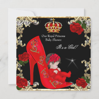 Princess Baby Shower Girl Gold Red Rose Shoe 4a Invitation