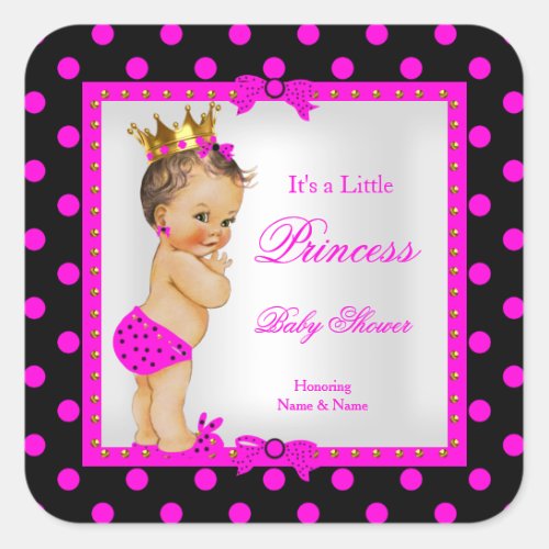 Princess Baby Shower Girl Hot Pink Brunette Square Sticker