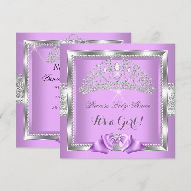 Princess Baby Shower Girl Lavender Silver Diamond Invitation (Front/Back)