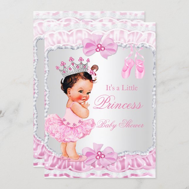 Princess Baby Shower Girl Pink Ballerina Brunette Invitation (Front/Back)