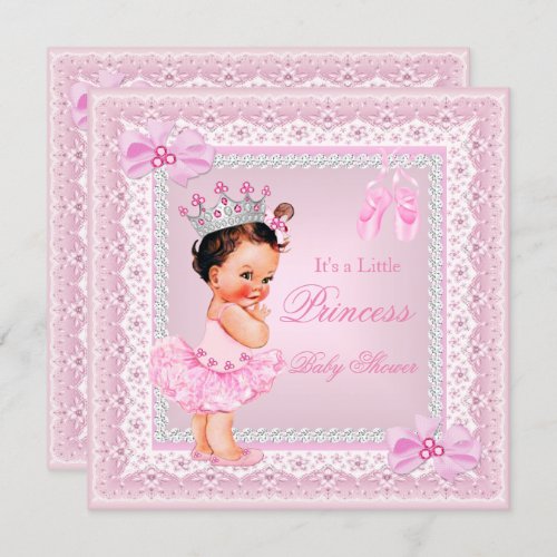 Princess Baby Shower Girl Pink Ballerina Brunette Invitation