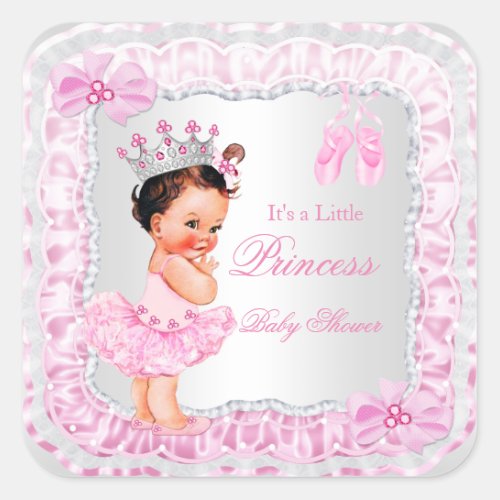 Princess Baby Shower Girl Pink Ballerina Brunette Square Sticker