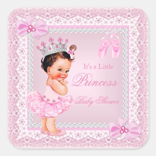 Princess Baby Shower Girl Pink Ballerina Brunette Square Sticker