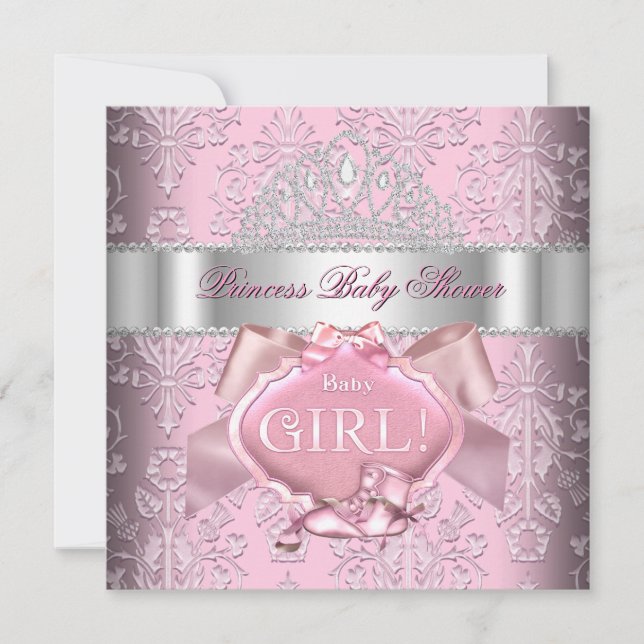 Princess Baby Shower Girl Pink Damask Tiara 2 Invitation (Front)