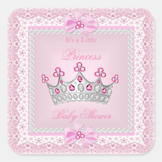 Princess Baby Shower Girl Pink Gem Silver Tiara Square Sticker (Front)