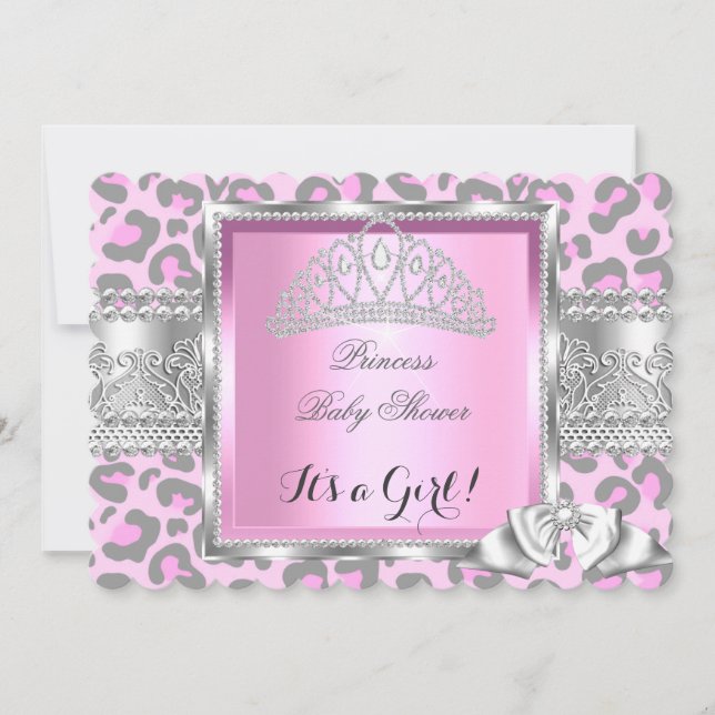 Princess Baby Shower Girl Pink Gray Leopard 2 Invitation (Front)