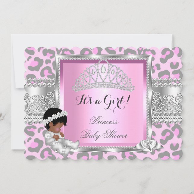 Princess Baby Shower Girl Pink Gray Leopard 4 Invitation (Front)