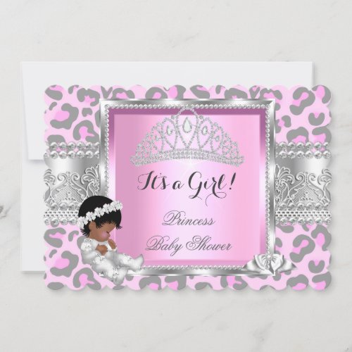 Princess Baby Shower Girl Pink Gray Leopard 4 Invitation