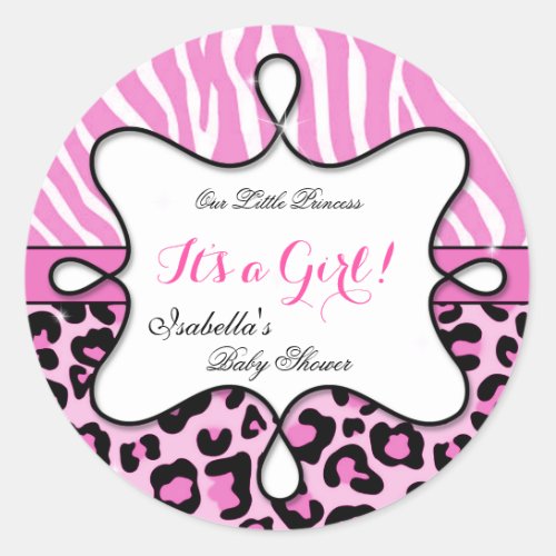 Princess Baby Shower Girl Pink Leopard Zebra Classic Round Sticker