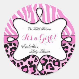Princess Baby Shower Girl Pink Leopard Zebra Classic Round Sticker