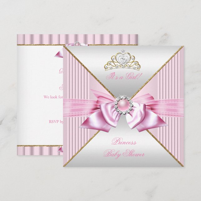 Princess Baby Shower Girl Pink Pearl Gold White 3 Invitation (Front/Back)