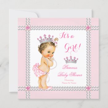 Princess Baby Shower Girl Pink Pearls Brunette Invitation by VintageBabyShop at Zazzle