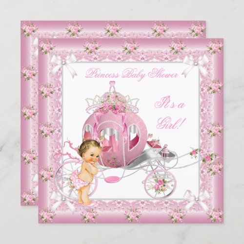 Princess Baby Shower Girl Pink Pearls Brunette Invitation