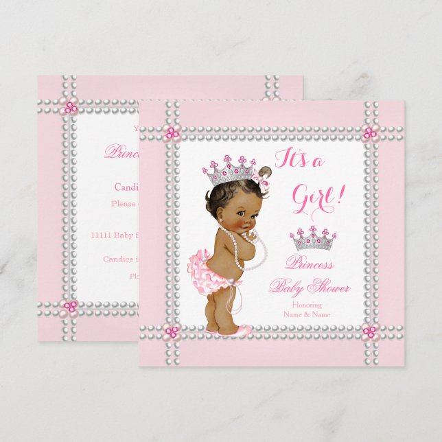 Princess Baby Shower Girl Pink Pearls Ethnic Invitation (Front/Back)