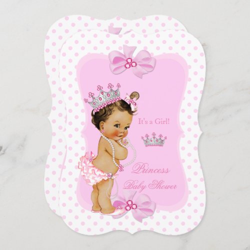 Princess Baby Shower Girl Pink Polka Dot Brunette Invitation