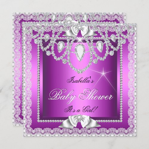 Princess Baby Shower Girl Pink Purple Lace Diamond Invitation