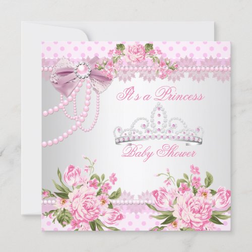 Princess Baby Shower Girl Pink Rose Pearl Lace Invitation