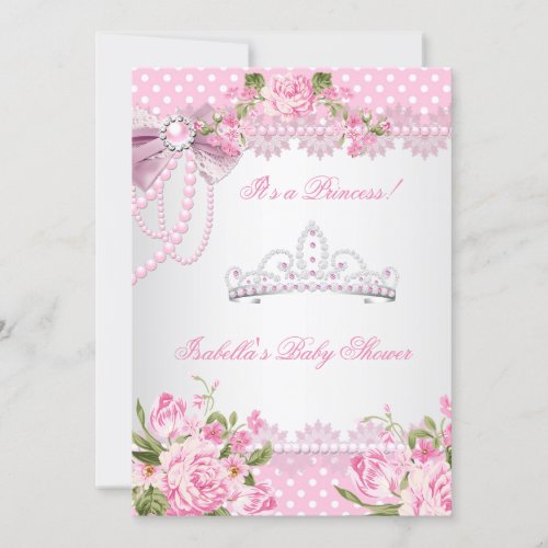 Princess Baby Shower Girl Pink Rose Polka Dots Invitation