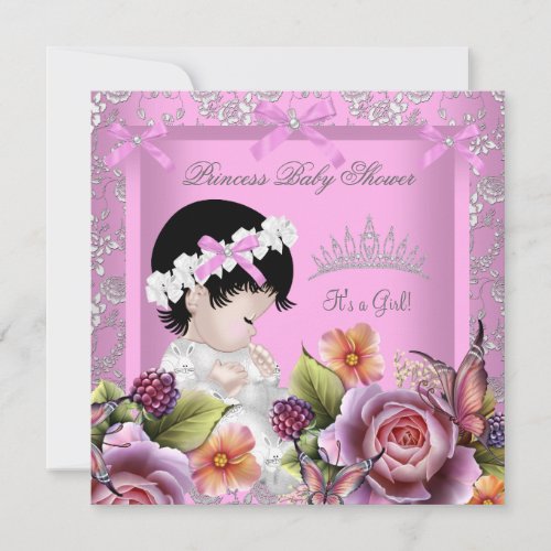 Princess Baby Shower Girl Pink Rose Tiara Damask Personalized Invite