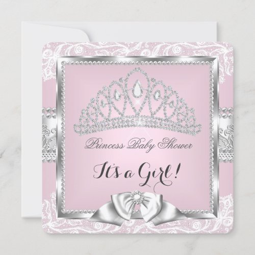 Princess Baby Shower Girl Pink Silver Lace 4 Invitation