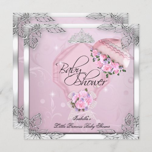 Princess Baby Shower Girl Pink Silver Roses Invitation