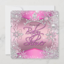 Princess Baby Shower Girl Pink Silver Snowflakes 2 Invitation