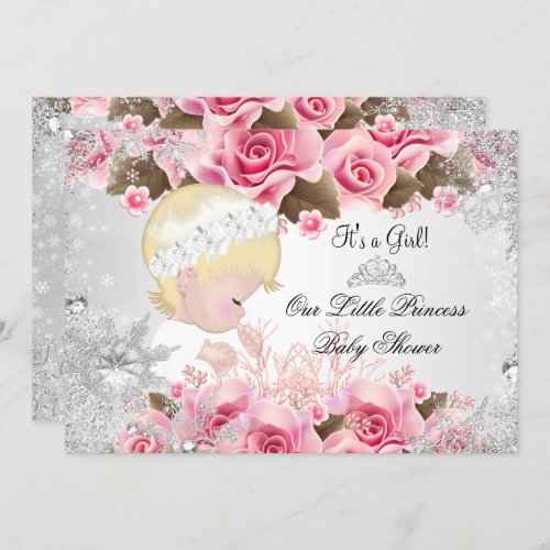 Princess Baby Shower Girl Pink Snowflake Roses 2 Invitation