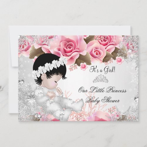 Princess Baby Shower Girl Pink Snowflake Roses Invitation