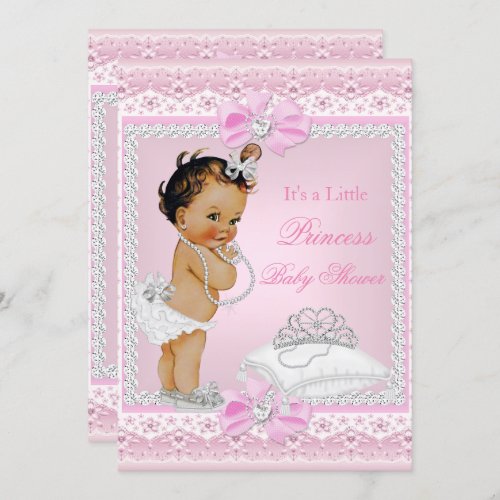 Princess Baby Shower Girl Pink Tiara Heart Brunett Invitation
