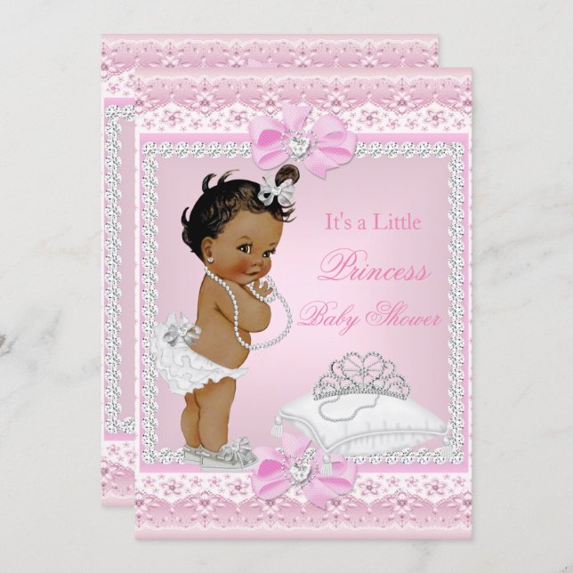 Princess Baby Shower Girl Pink Tiara Heart Ethnic Invitation (Front/Back)
