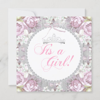 Princess Baby Shower Girl Pink Vintage Rose Floral Invitation