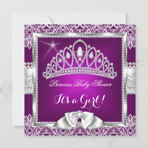 Princess Baby Shower Girl Plum Pink Silver Lace 5 Invitation