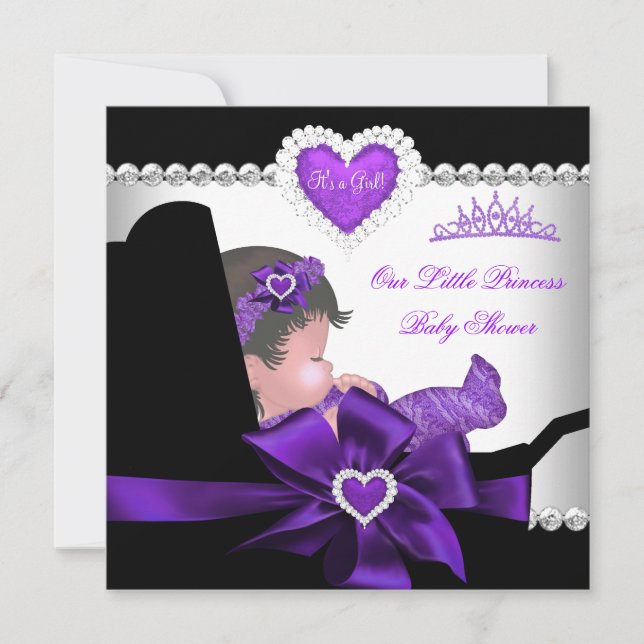 Princess Baby Shower Girl Purple Diamond Hearts Invitation (Front)