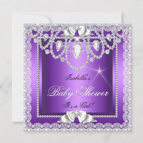 Princess Baby Shower Girl Purple Lace Diamond 2 Personalized Invites