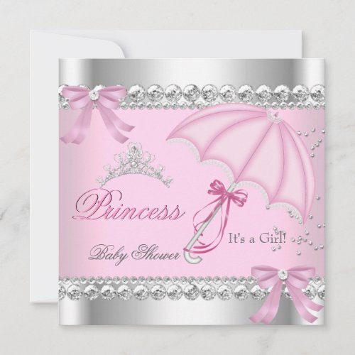 Princess Baby Shower Girl Silver Pink Tiara Gem Invitation