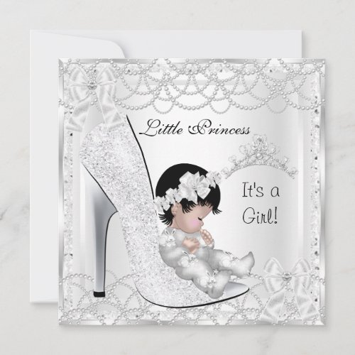 Princess Baby Shower Girl Silver White Pearl Custom Announcements