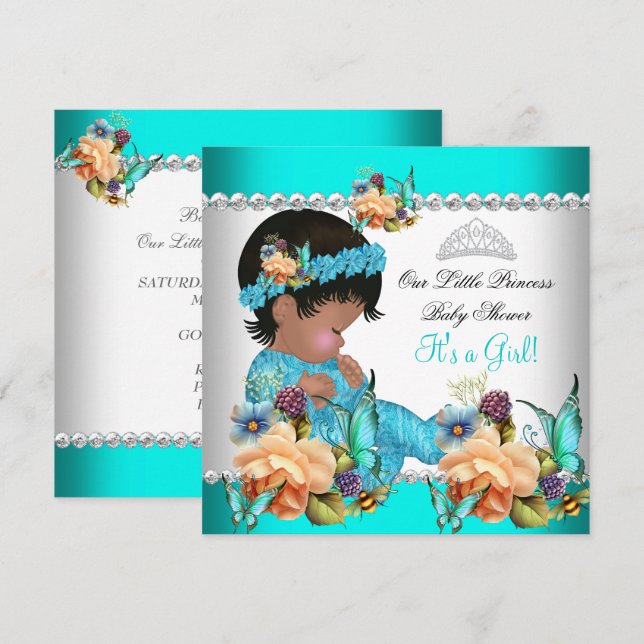 Princess Baby Shower Girl Teal Blue Flowers Invitation (Front/Back)