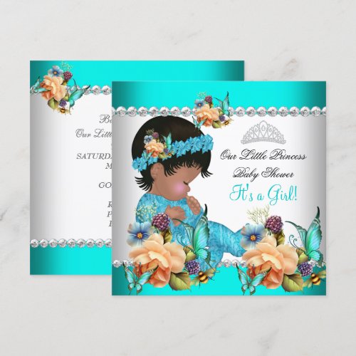 Princess Baby Shower Girl Teal Blue Flowers Personalized Invitations