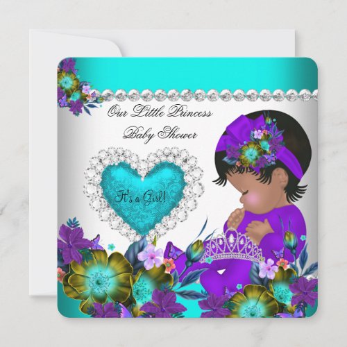 Princess Baby Shower Girl Teal Blue Heart Purple Invitation