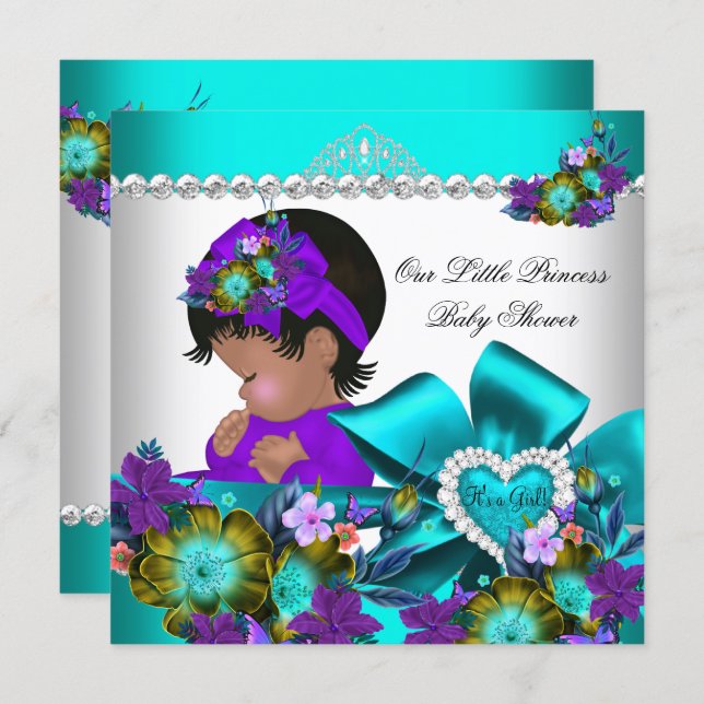 Princess Baby Shower Girl Teal Blue Purple 3 Invitation (Front/Back)